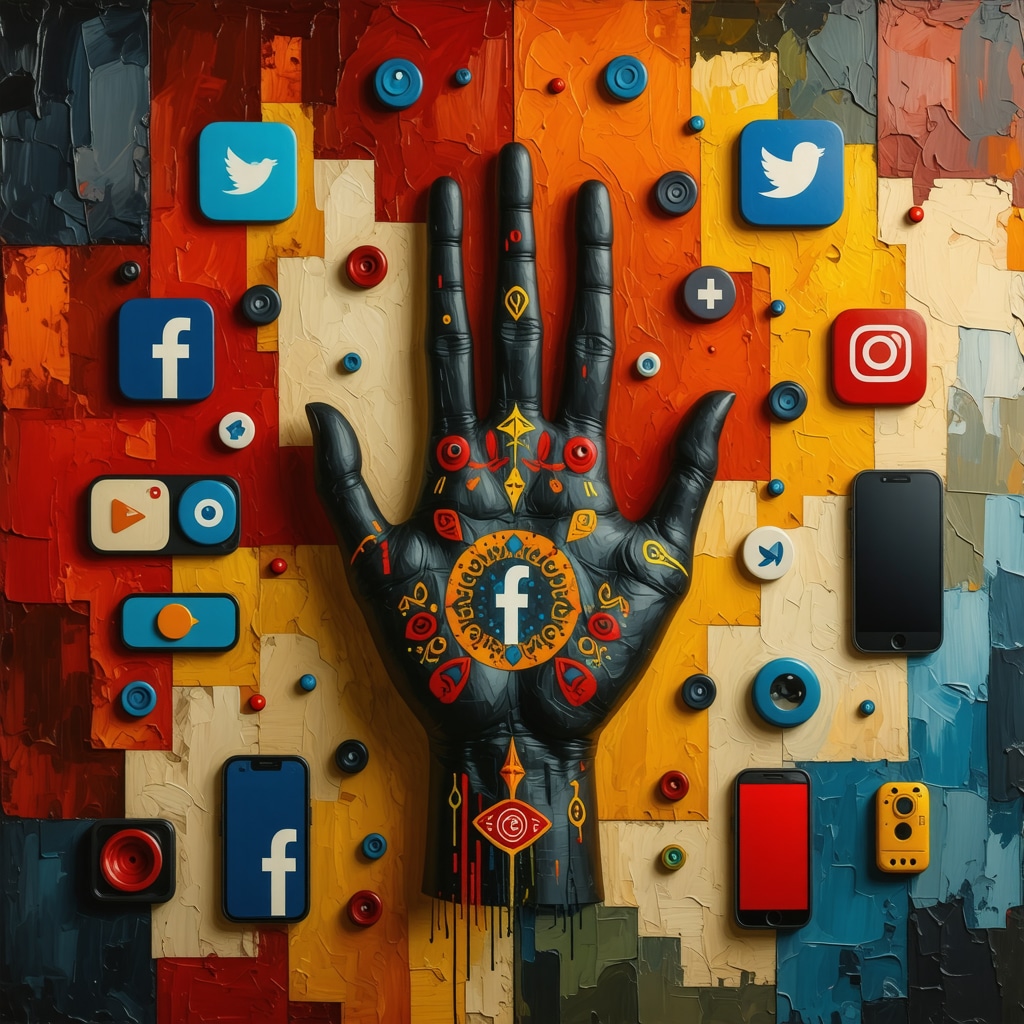 Collage digital que representa la integración de supersticiones chilenas con elementos tecnológicos y redes sociales