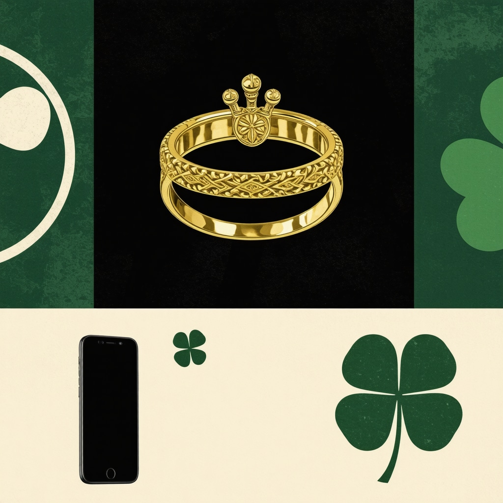 Collage digital que mezcla símbolos tradicionales de supersticiones escocesas con elementos tecnológicos modernos como smartphones