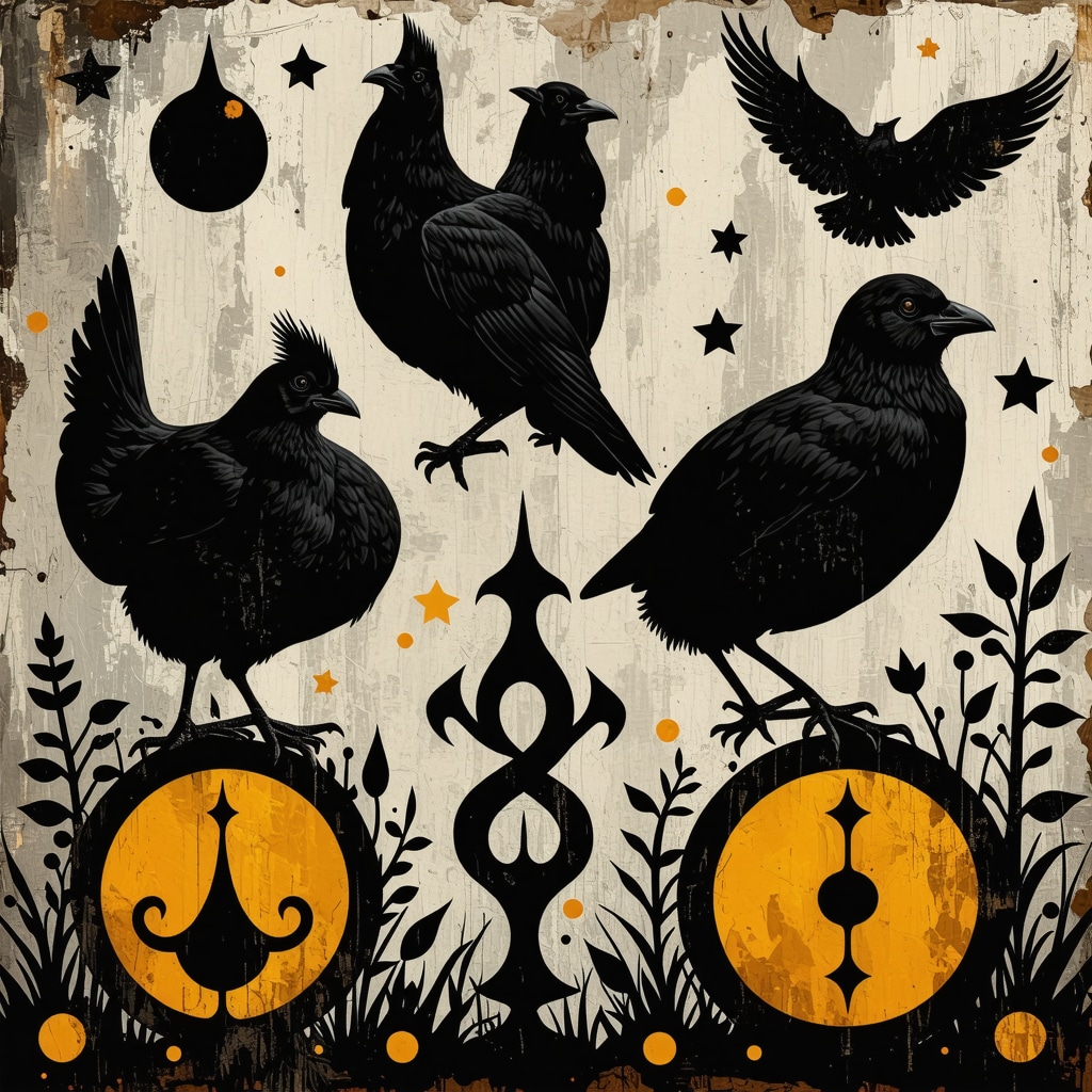 Collage digital mostrando símbolos tradicionales de supersticiones polacas combinados con iconos digitales modernos