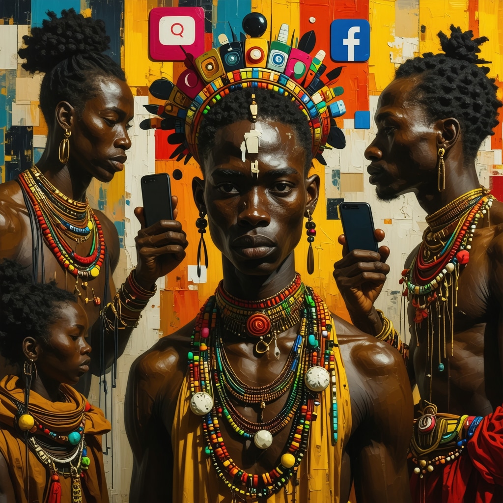 Collage digital que muestra rituales tradicionales de Guinea Ecuatorial junto a símbolos tecnológicos modernos