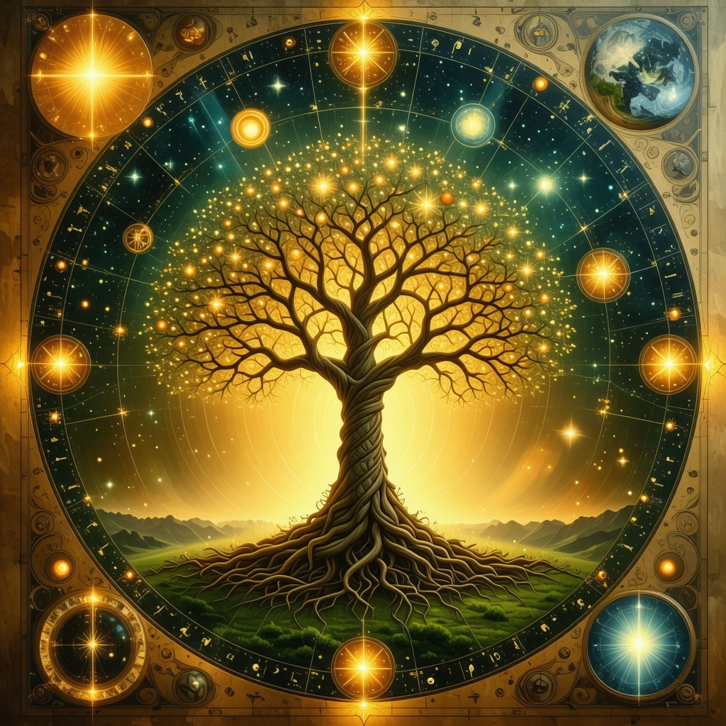 Símbolo del árbol de la vida europeo fusionado con elementos de bienestar psicológico moderno