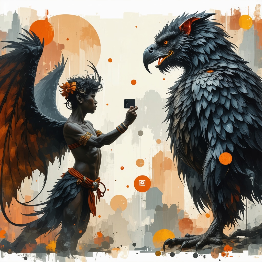 Ilustración que muestra criaturas míticas filipinas integradas con elementos digitales modernos