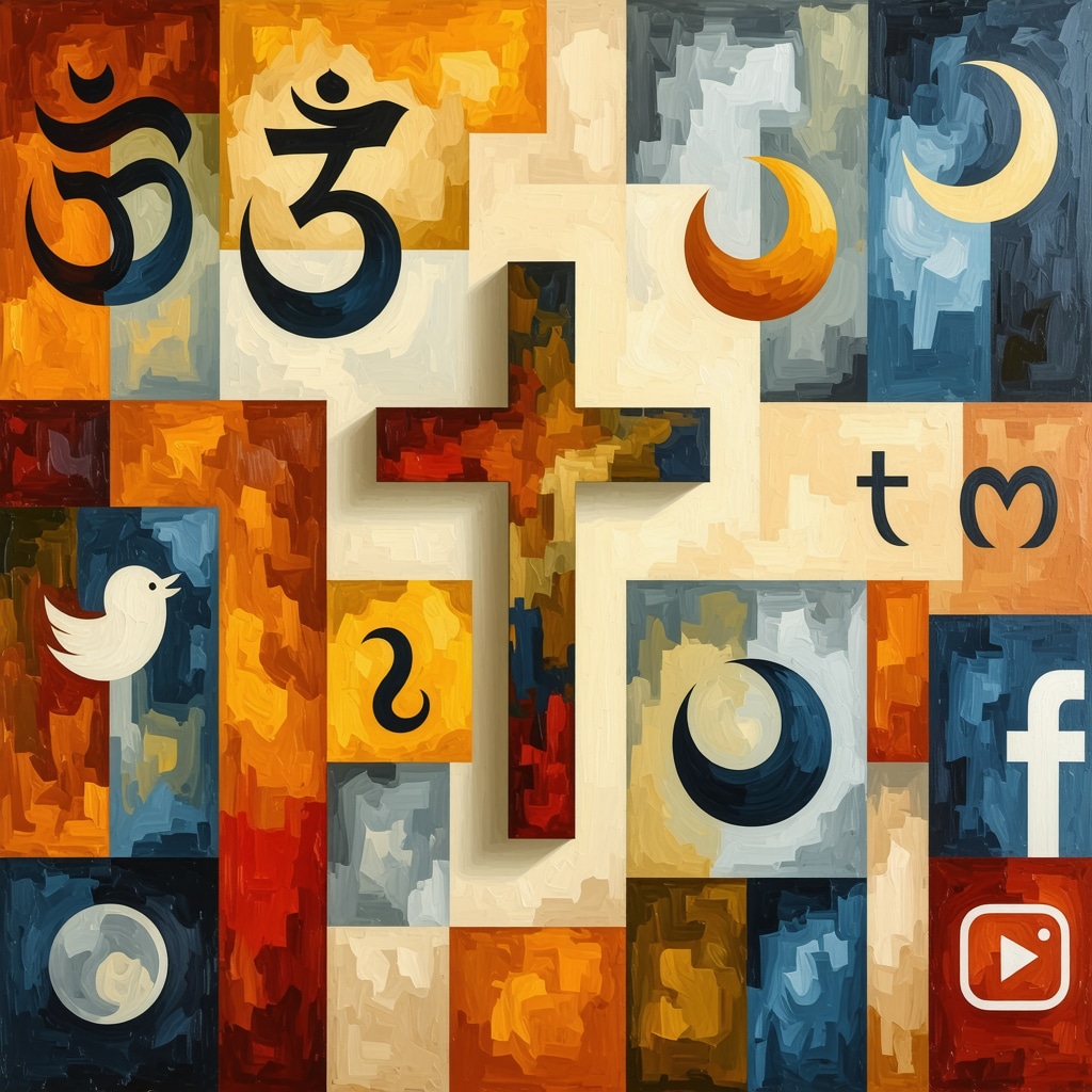 Fusión digital de símbolos religiosos tradicionales y modernos Collage digital de símbolos religiosos tradicionales junto a iconos digitales y de redes sociales