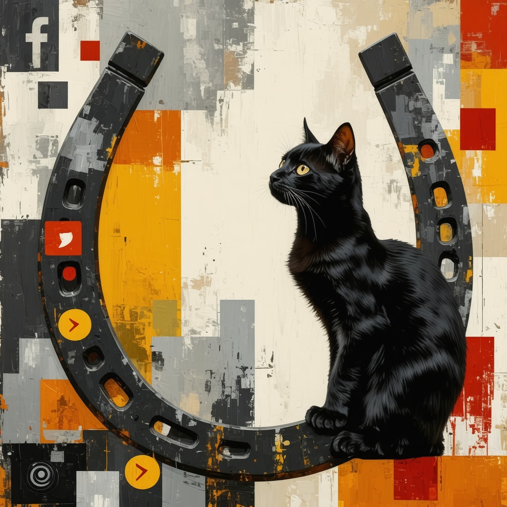 Collage digital que mezcla símbolos de supersticiones españolas tradicionales con iconos modernos y redes sociales