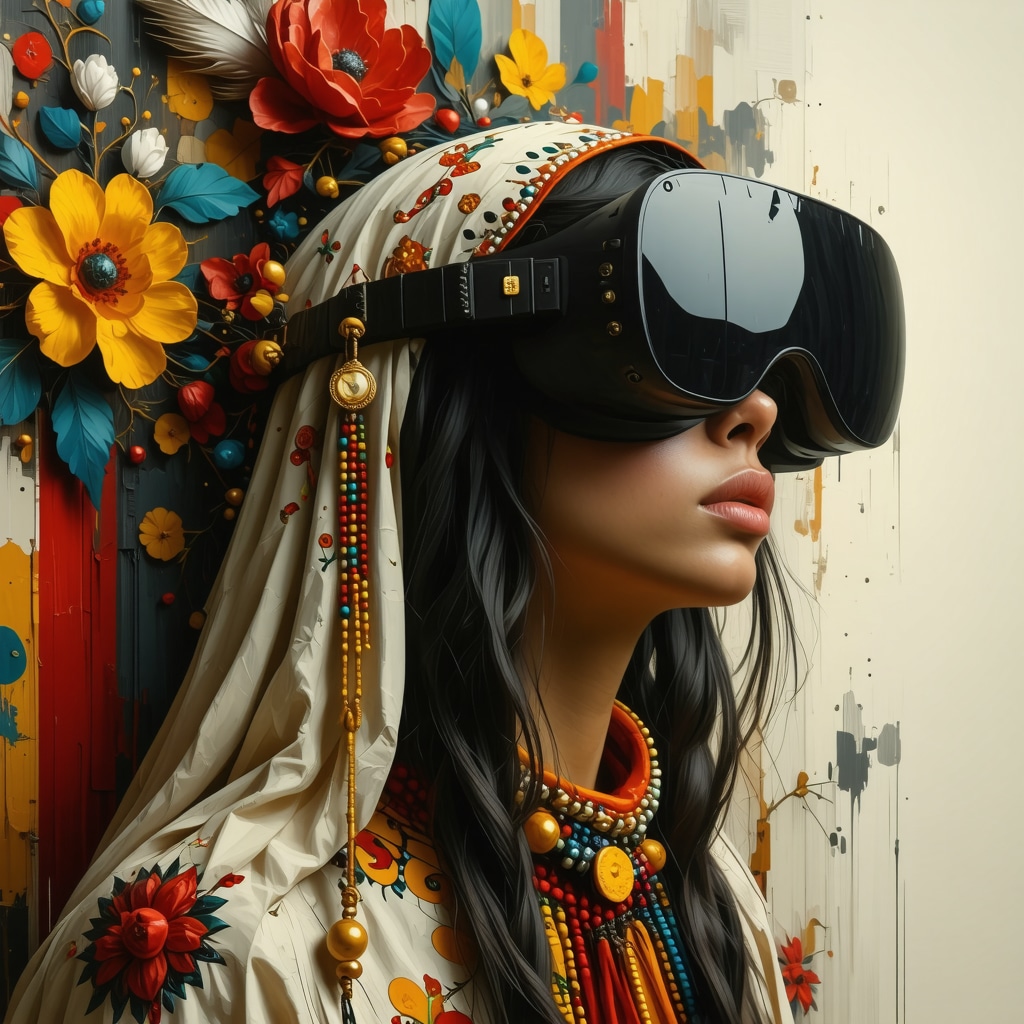 Collage digital que mezcla símbolos religiosos tradicionales latinoamericanos con elementos de realidad virtual y tecnología moderna