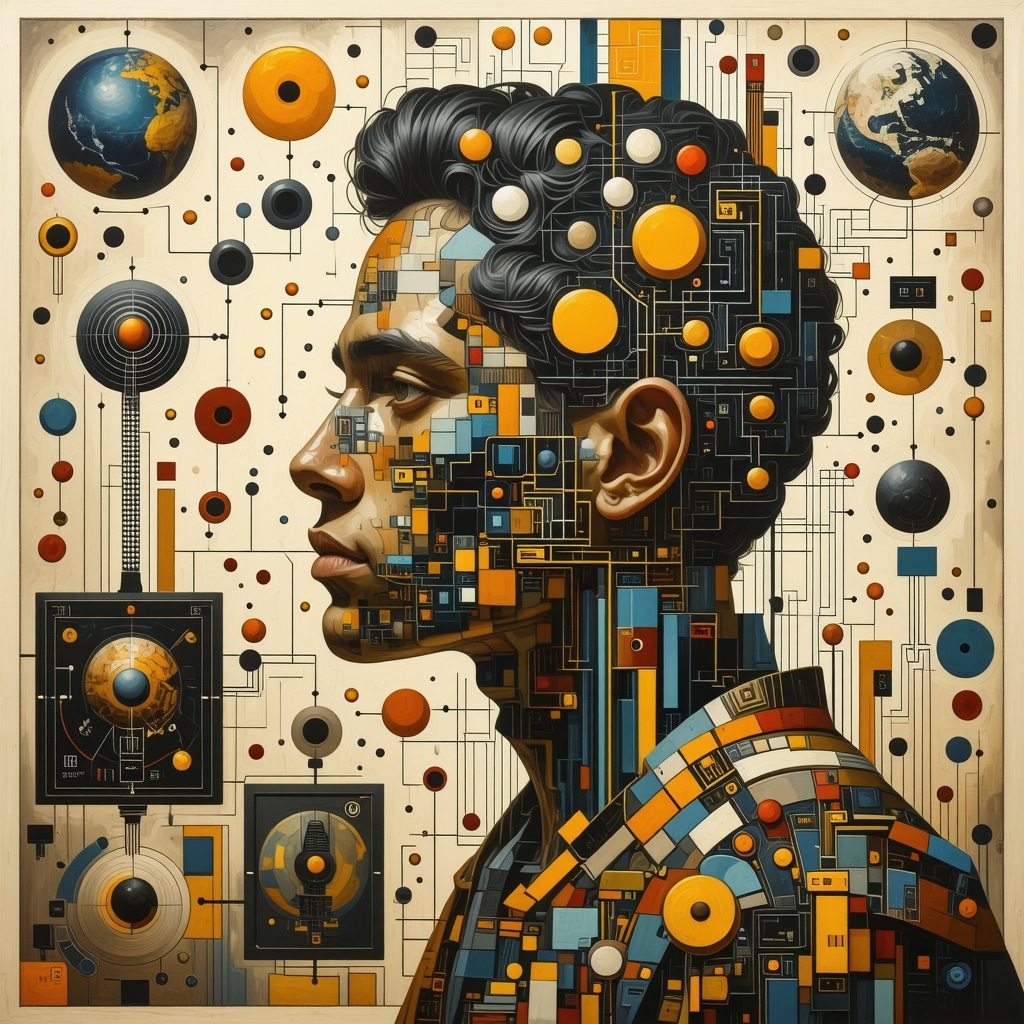 Ilustración que combina símbolos tradicionales del folclore hispanoamericano con elementos tecnológicos digitales y redes neuronales