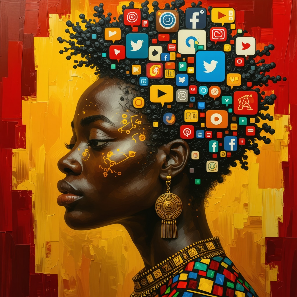 Digital collage of African ritual symbols blended with modern technology icons representing digital transformation of superstition.