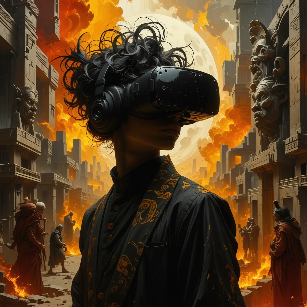 Digital collage showing ancient mythological symbols integrated with virtual reality technology in a futuristic cityscape