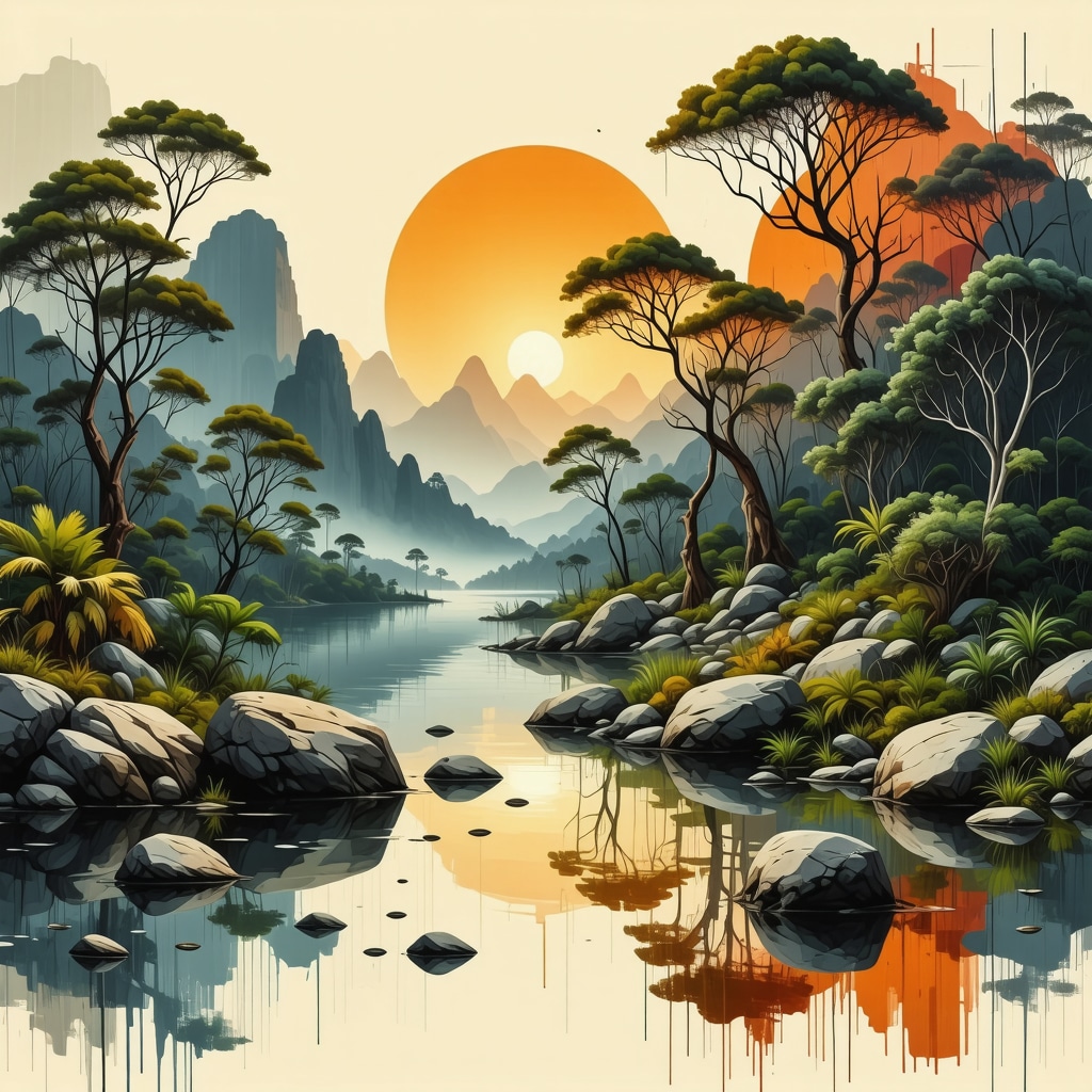 Australian landscape with indigenous symbols and digital motifs illustrating cultural and technological integration