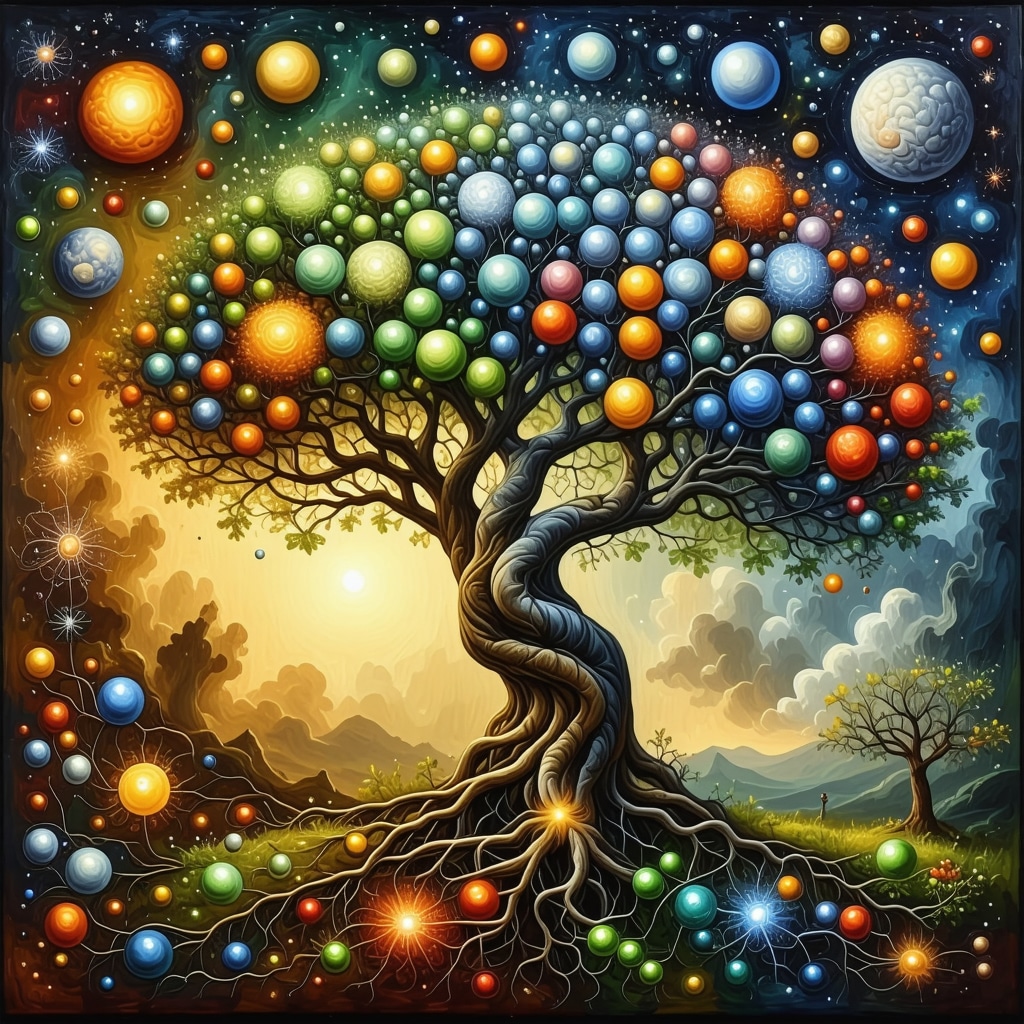 Collage showing European symbols like tree of life intertwined with neural networks and ecological imagery