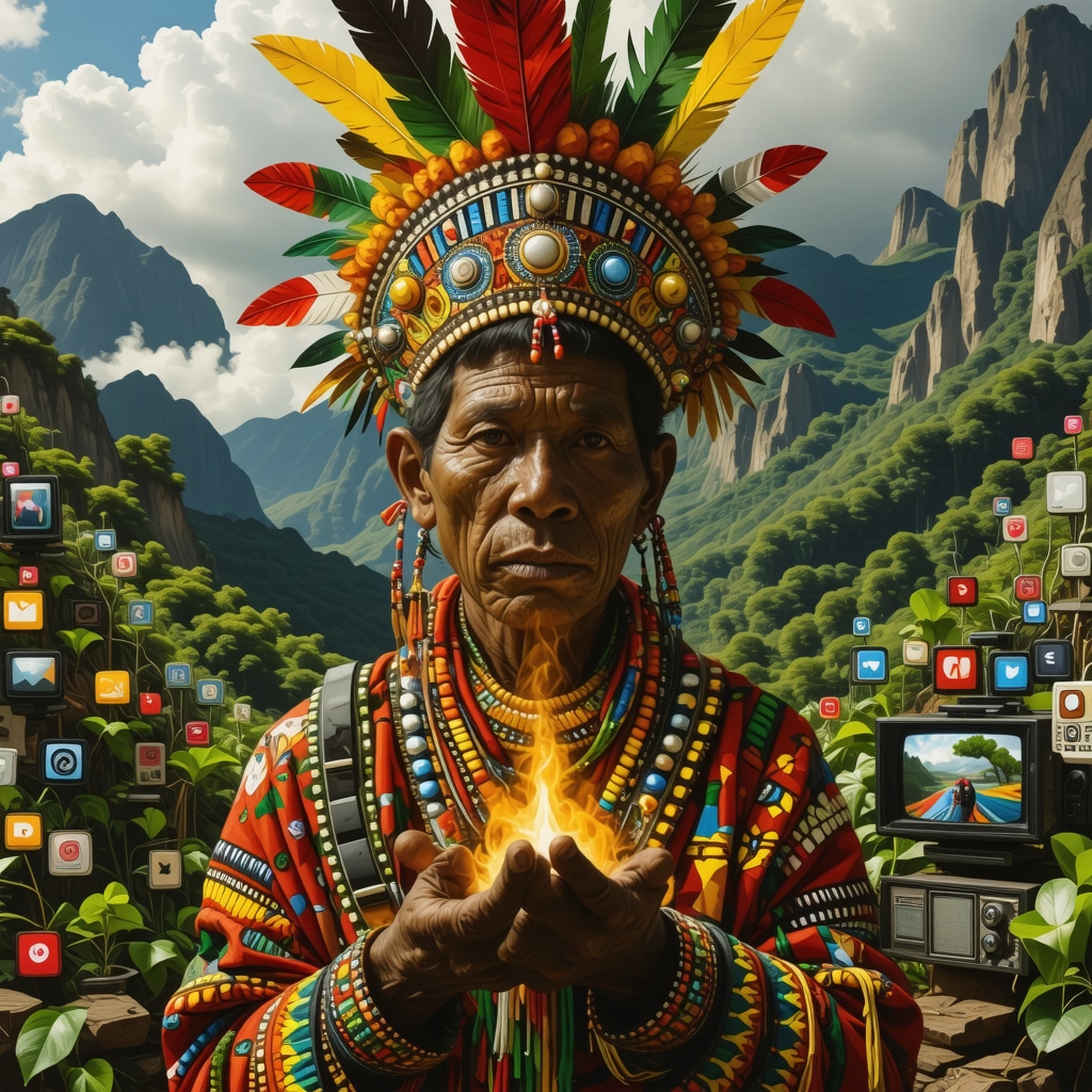 Collage depicting Guatemalan traditional rituals combined with digital media symbols representing the integration of superstition and technology