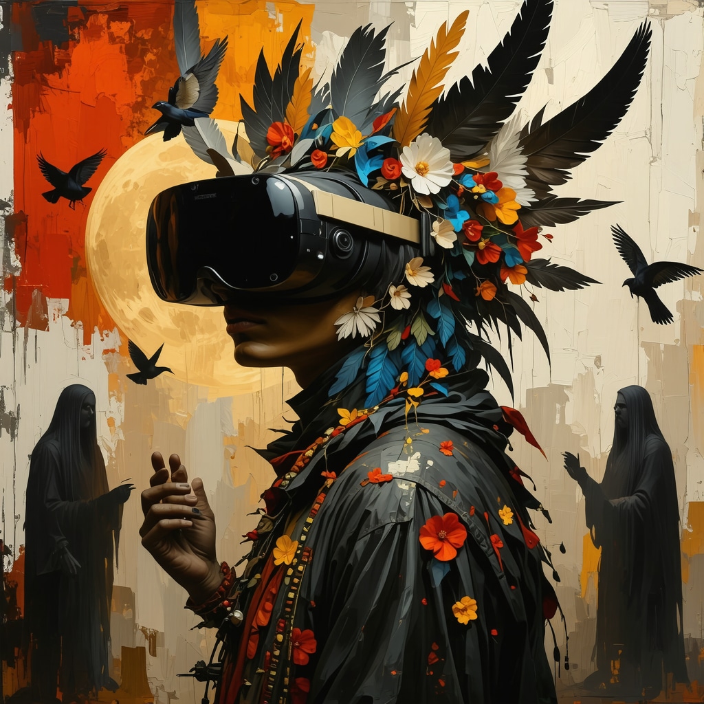 Digital art combining Latin American mythological figures and modern technology elements