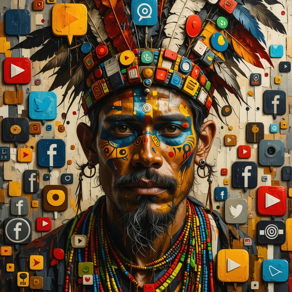 A digital collage depicting Peruvian urban legends symbols merging with social media icons symbolizing folklore and technology fusion