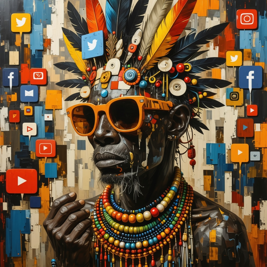 Digital collage showing Panamanian superstition symbols intertwined with modern social media icons representing cultural evolution