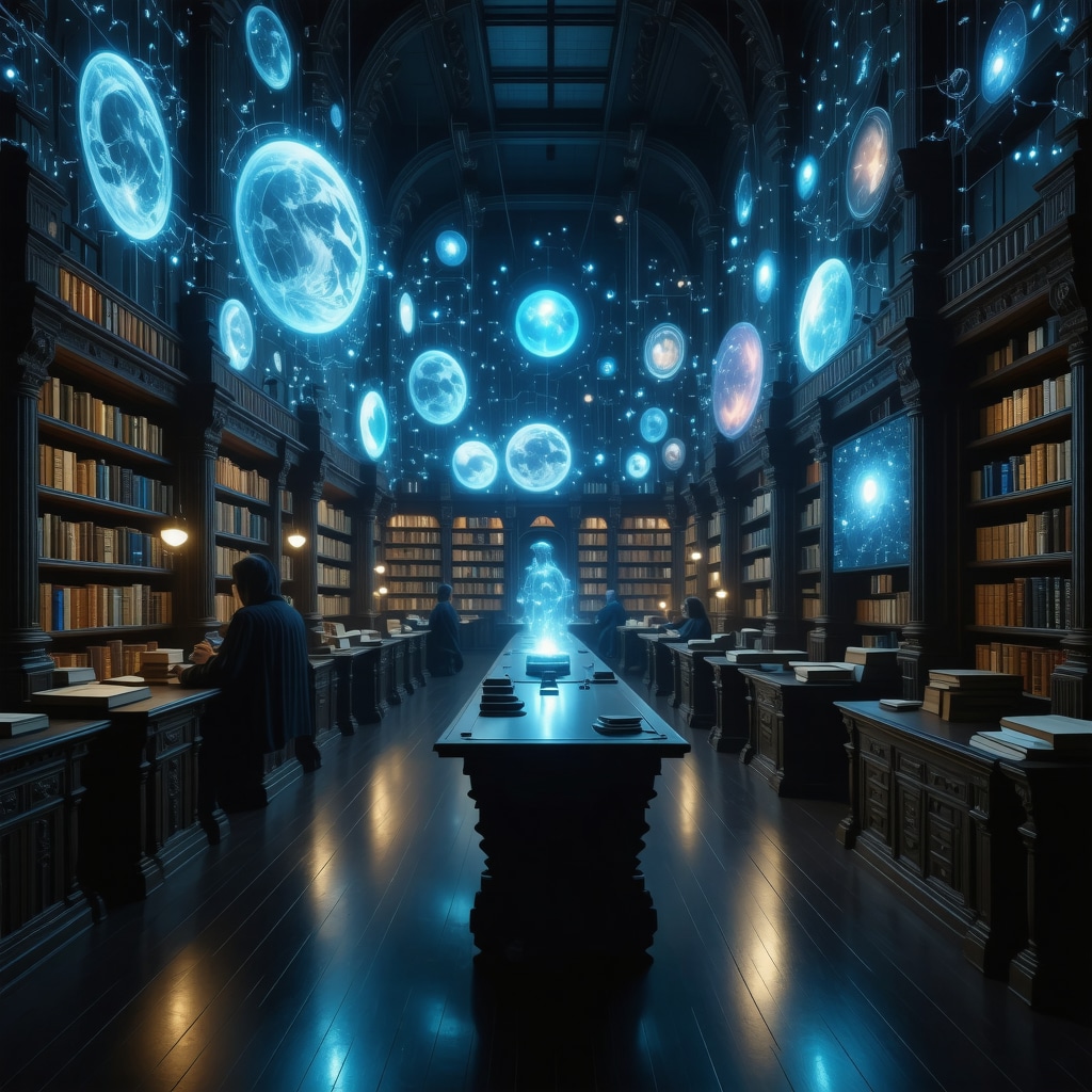 Digital holograms and AI technology analyzing folklore legends in a futuristic library