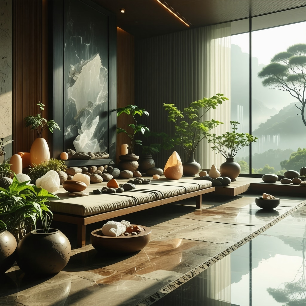 Interior of a home showing crystals, herbs, environmental sensors, and natural light symbolizing energy harmony