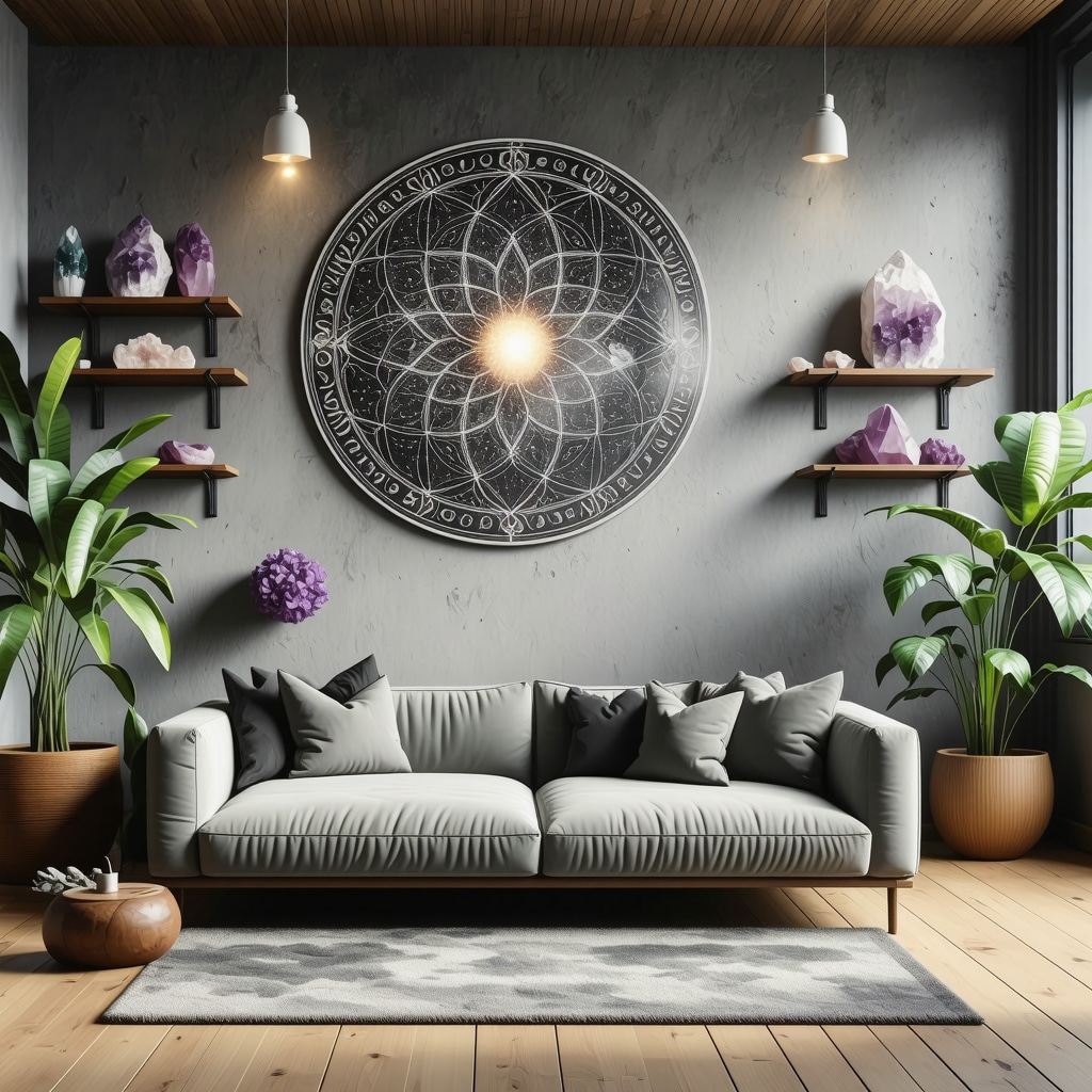 Living room showcasing sacred geometry art, quartz and amethyst crystals, natural wood and plants for energetic harmony