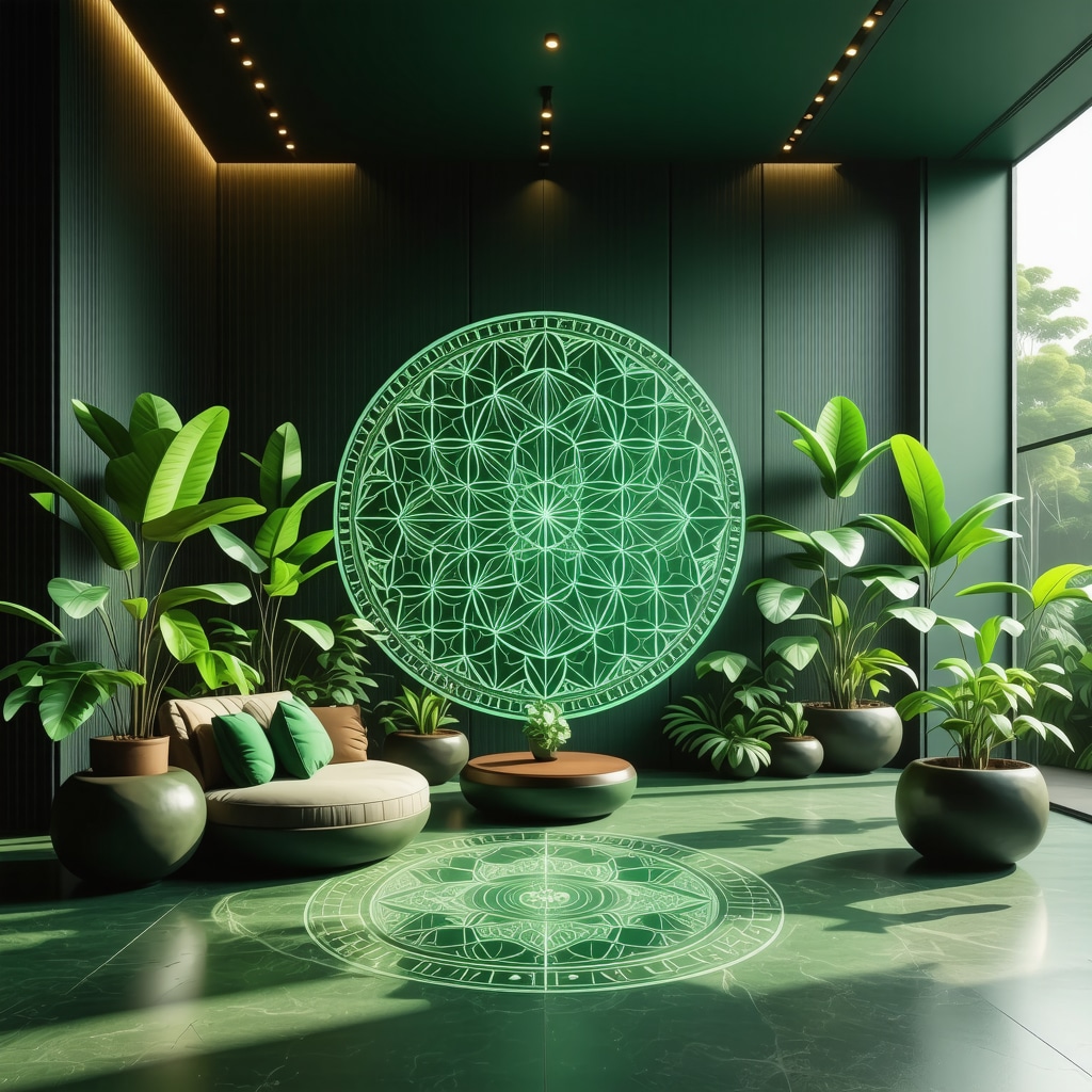 Modern healing space decorated with Flower of Life symbol, mandalas, and green tones representing health and harmony