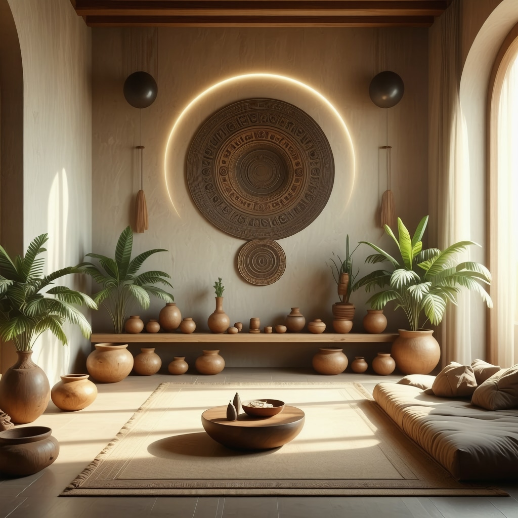 Symbolic geometric shapes and ancestral artifacts arranged in a home interior to enhance positive energy flow