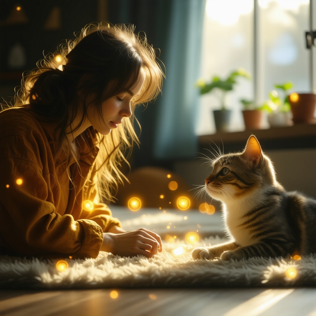 Human observing attentive dog and cat with symbolic spiritual signals Person observing dog and cat with glowing symbolic signals representing spiritual and neurological communication