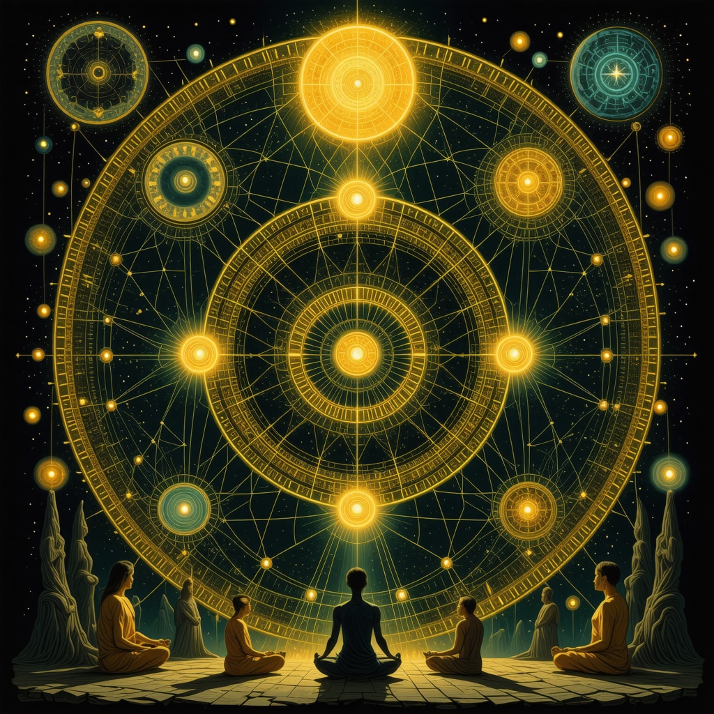 Illustration depicting the Hunab Ku symbol interlaced with neural connections and meditative figures representing the neurocognitive impact of Maya sacred geometry in rituals