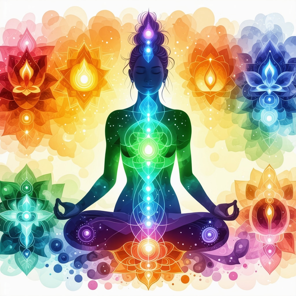 Colorful diagram showing seven chakras aligned vertically on a human silhouette with symbolic icons and energy flow