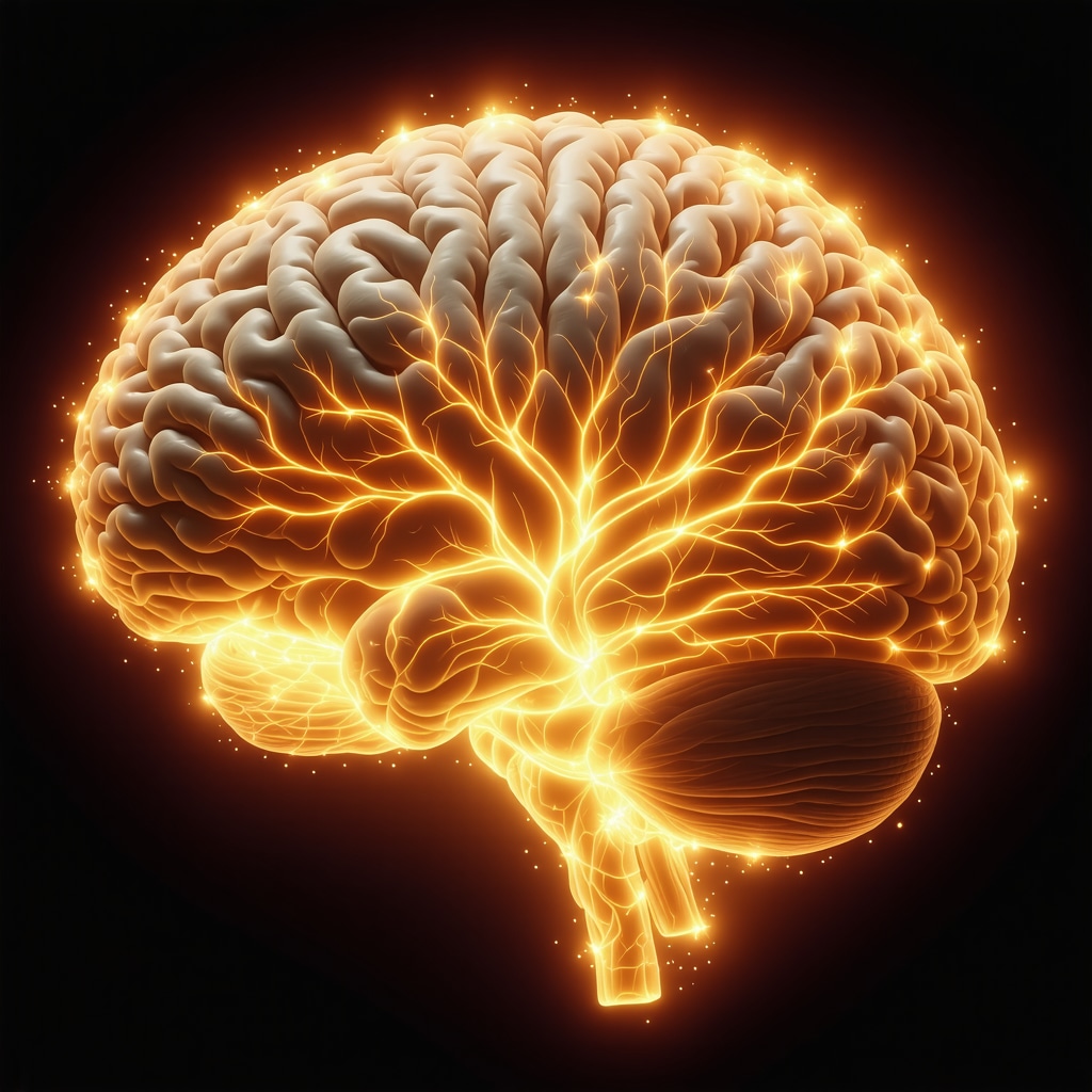 Cerebro con redes neuronales brillantes y símbolos mitológicos ancestrales como el fénix y el árbol de la vida