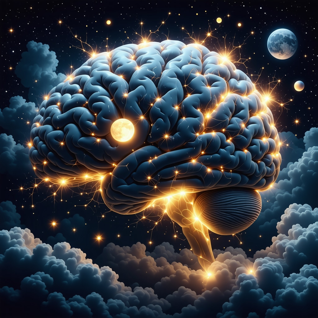 Ilustración de cerebro con conexiones neuronales y símbolos oníricos para interpretación avanzada de presagios