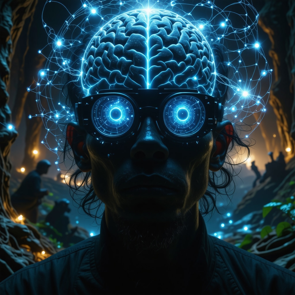 Virtual reality scene showing Latin American horror motifs integrated with brain neural networks and AI adaptive interfaces