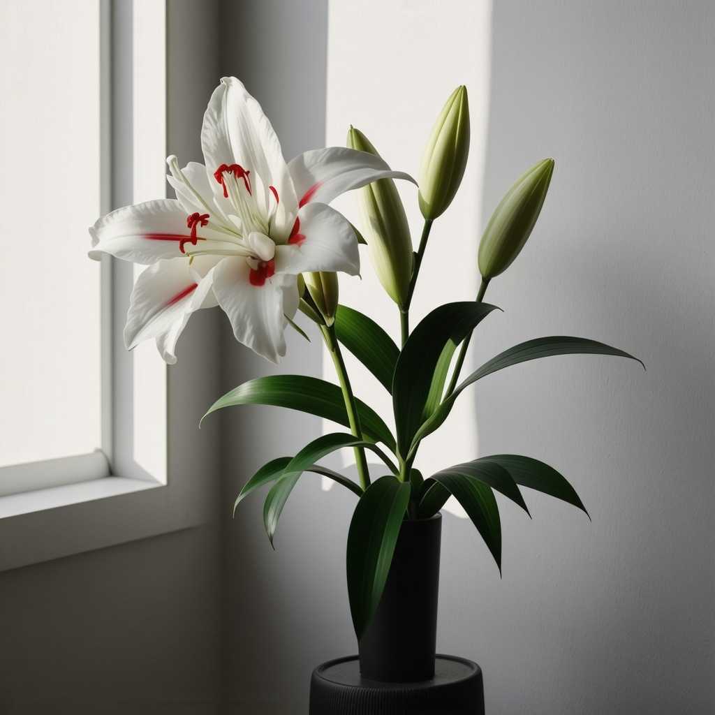 White and red lilies placed indoors near a window, symbolizing calm and energy transformation