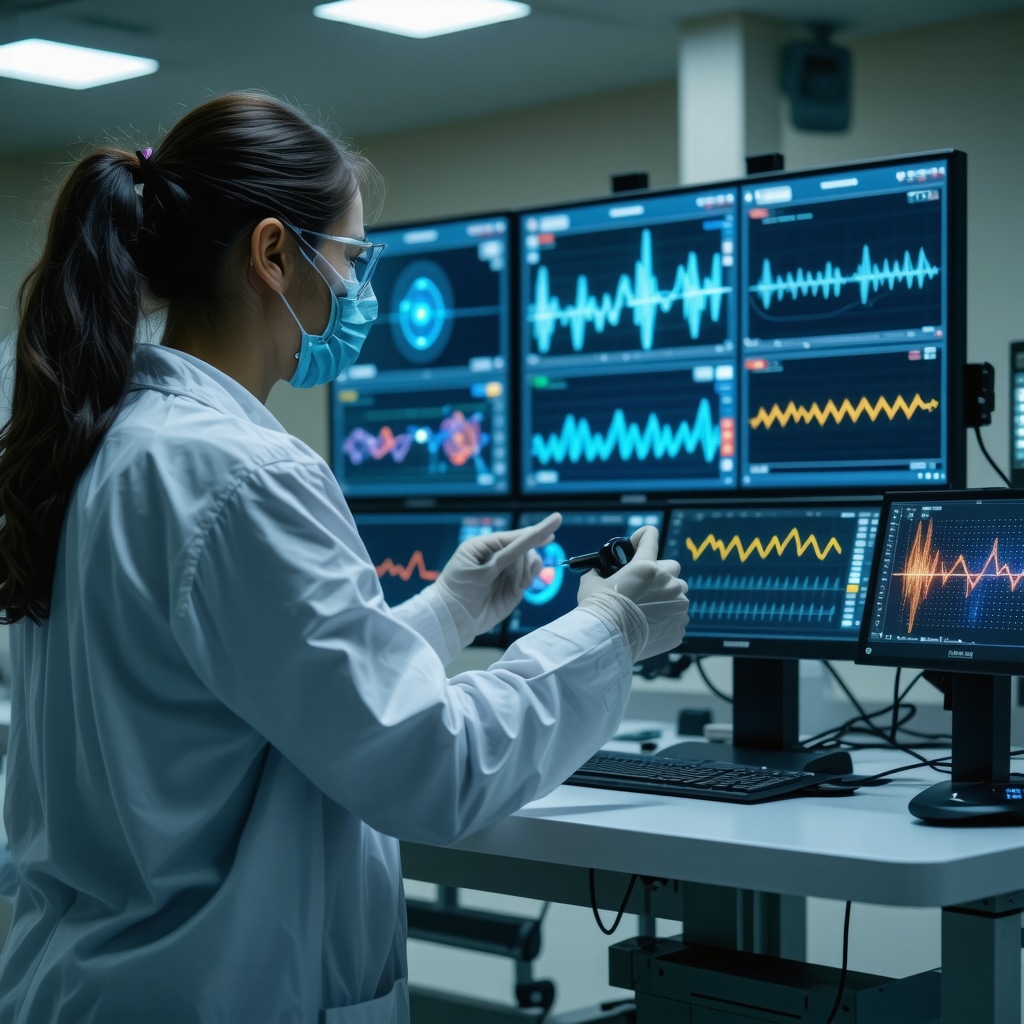 Healthcare professional analyzing AI-driven health data from wearable devices in a modern clinical setting