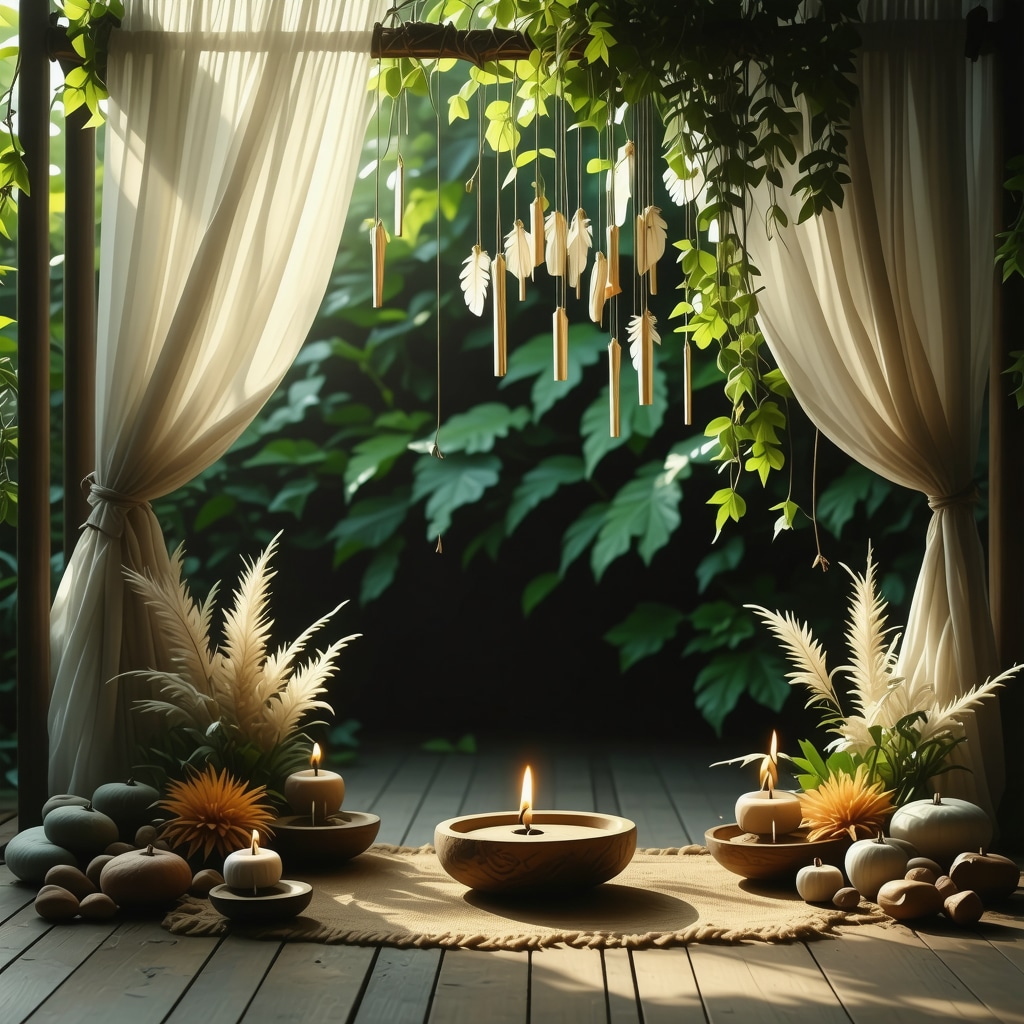 Campanas de viento, plumas y cortinas ligeras en un espacio de meditación al aire libre representando la energía del aire