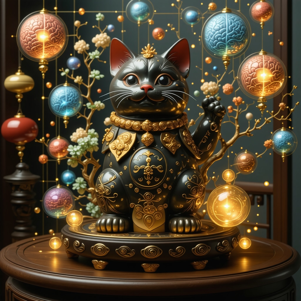 Futuristic digital interface showcasing Asian amulets combined with brain imagery and augmented reality