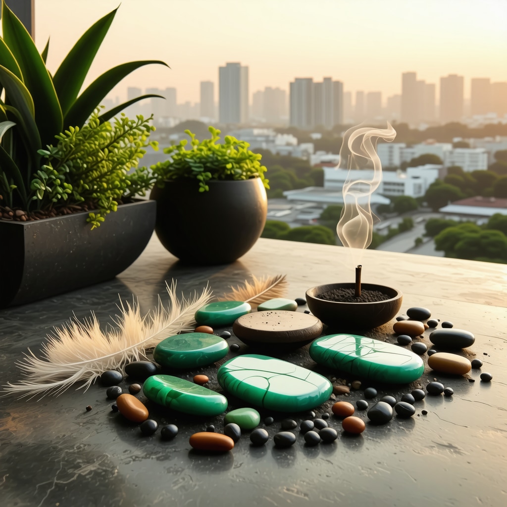 Rooftop garden in a modern city with Mayan symbolic elements like jade and incense