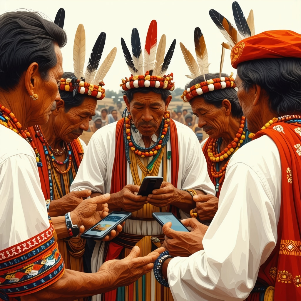 Personas uruguayas realizando rituales tradicionales con dispositivos digitales en un contexto contemporáneo