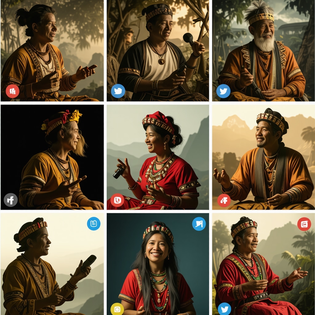 Representación visual de leyendas urbanas peruanas fusionadas con iconos de medios digitales y tecnología moderna