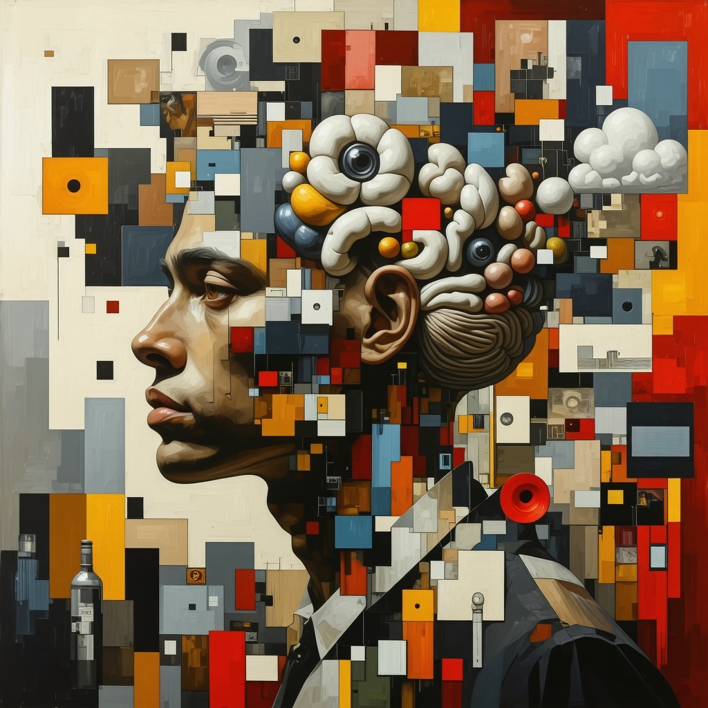 Collage que muestra leyendas urbanas venezolanas fusionadas con iconos digitales y cerebro ilustrando conexiones neurocientíficas