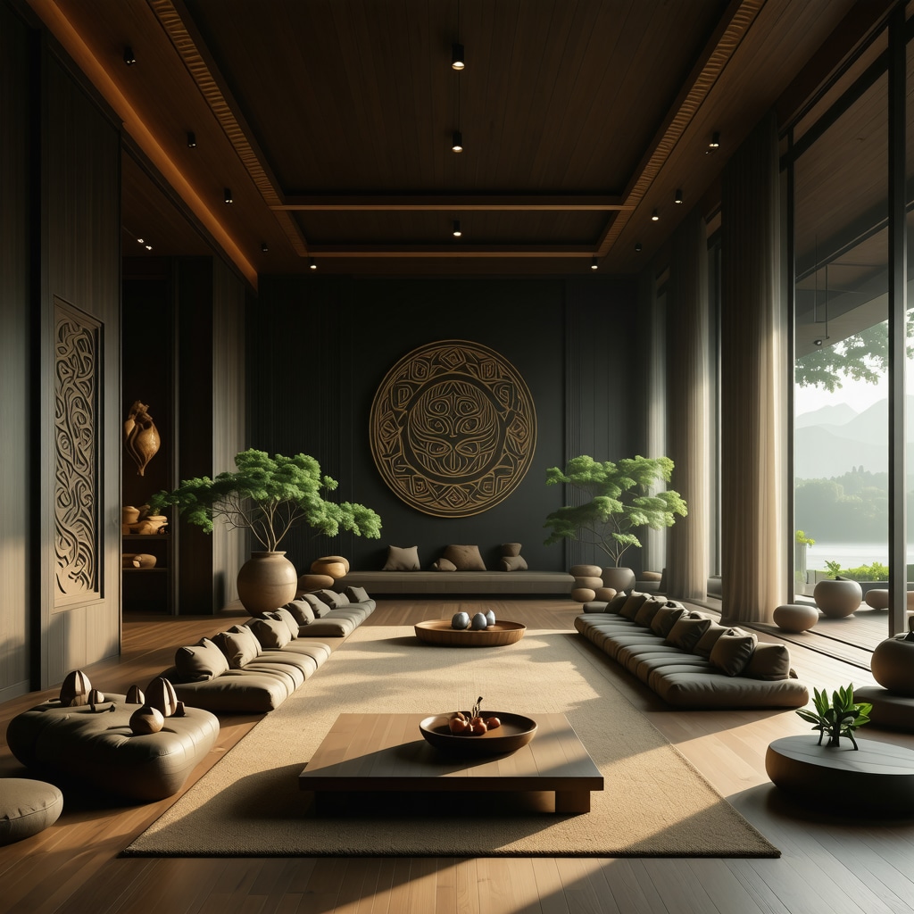 Interior de hogar armonioso con símbolos tradicionales y diseño energético moderno