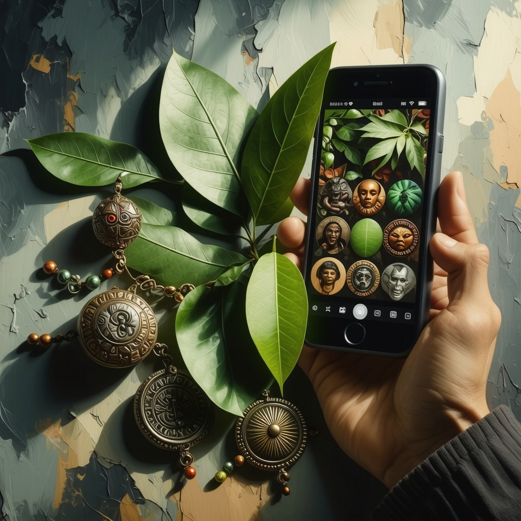 Amuletos tradicionales peruanos junto a dispositivos digitales mostrando aplicaciones de rituales ancestrales