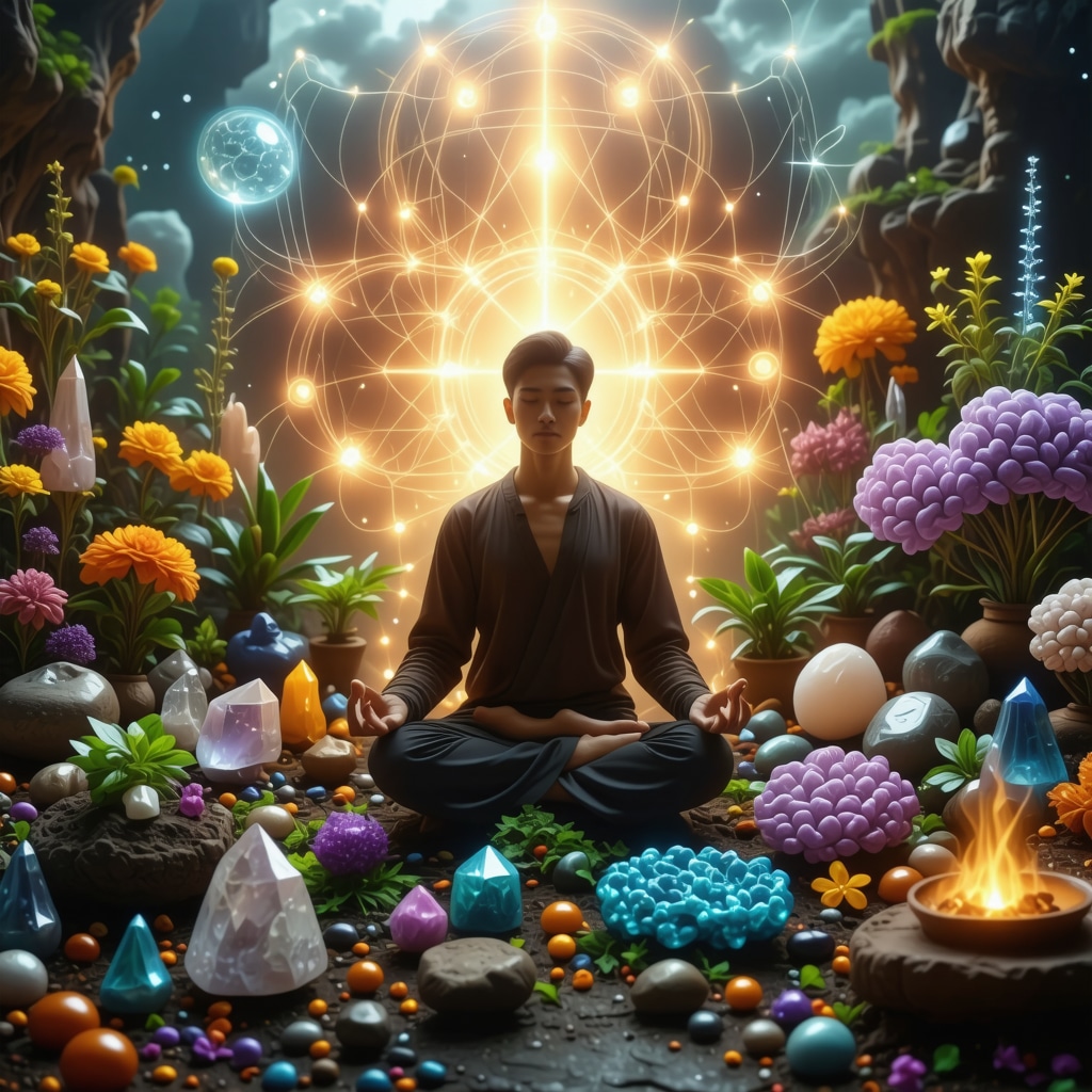 Persona meditando rodeada de símbolos ancestrales y patrones neuronales brillantes que representan la unión de tradición y ciencia en la limpieza energética