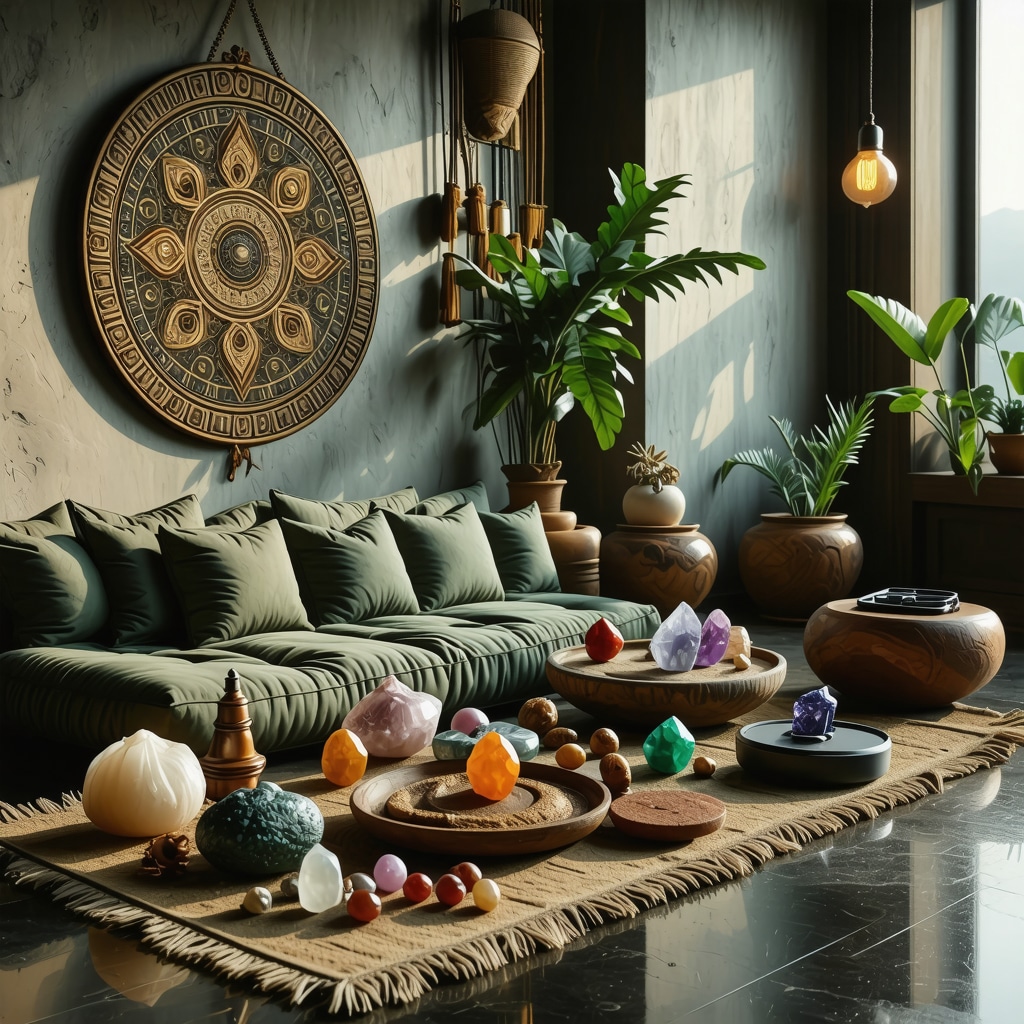 Interior de hogar con símbolos espirituales y dispositivos de biofeedback