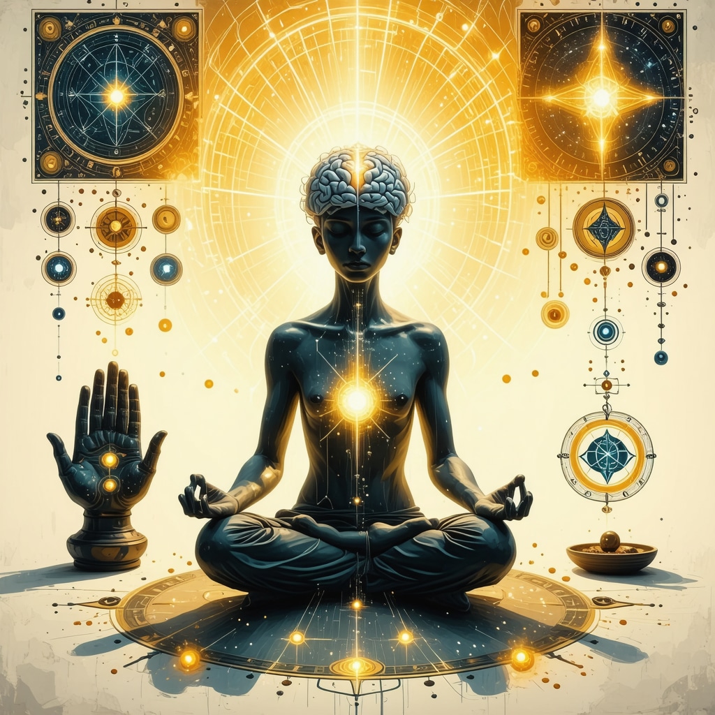 Ilustración que muestra la conexión entre símbolos judíos místicos y áreas cerebrales activadas por rituales