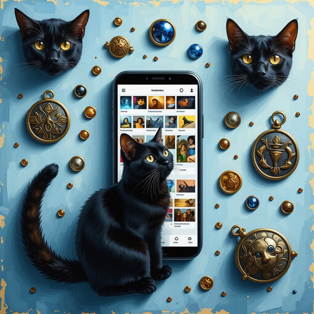 Ilustración de símbolos tradicionales de supersticiones polacas junto a un smartphone mostrando redes sociales