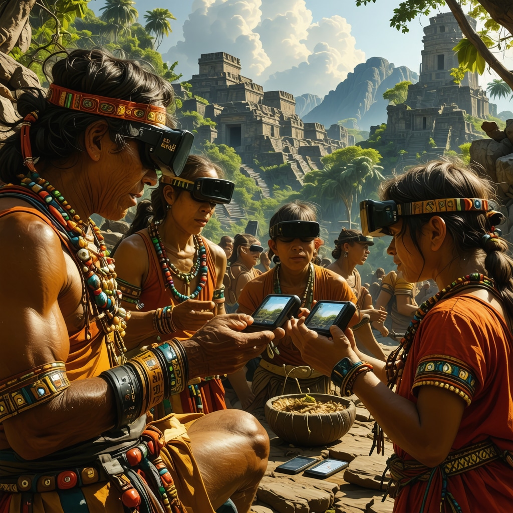 Integración de tecnología y tradición en la preservación del folclore maya Mayas jóvenes y ancianos interactuando con tecnología digital en un entorno tradicional maya