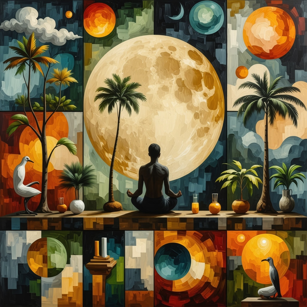 Collage artístico que muestra símbolos tradicionales del folclore brasileño fusionados con ambientes corporativos y prácticas de bienestar modernas