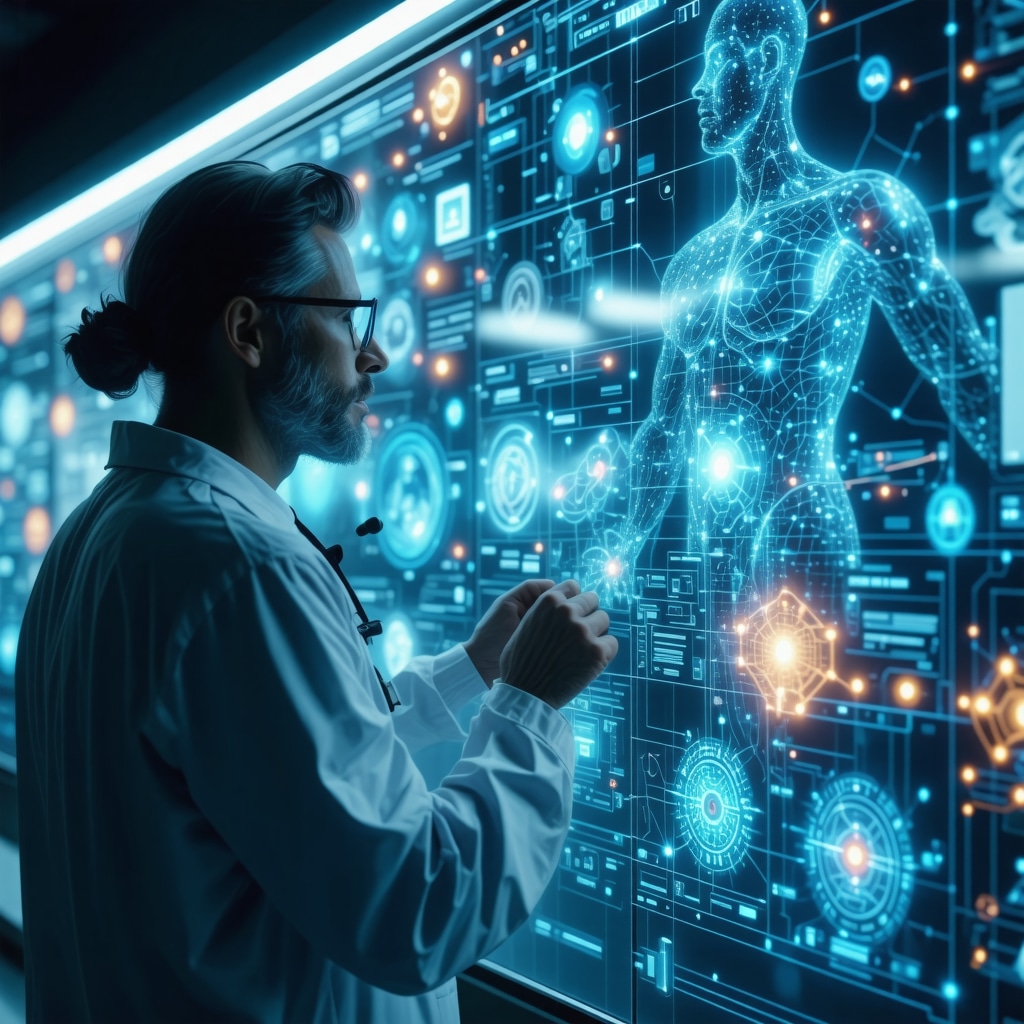 Médico analizando datos de salud generados por inteligencia artificial en un entorno futurista
