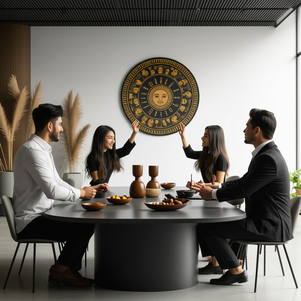 Ecuadorian business team performing traditional ritual in modern office setting