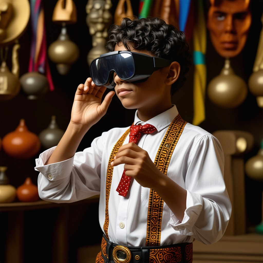 Young person experiencing Dominican cultural symbols through augmented reality glasses