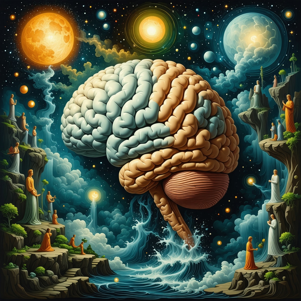 Abstract image showing a human brain with dream symbols like water and mystical figures representing psychological and spiritual dream interpretation