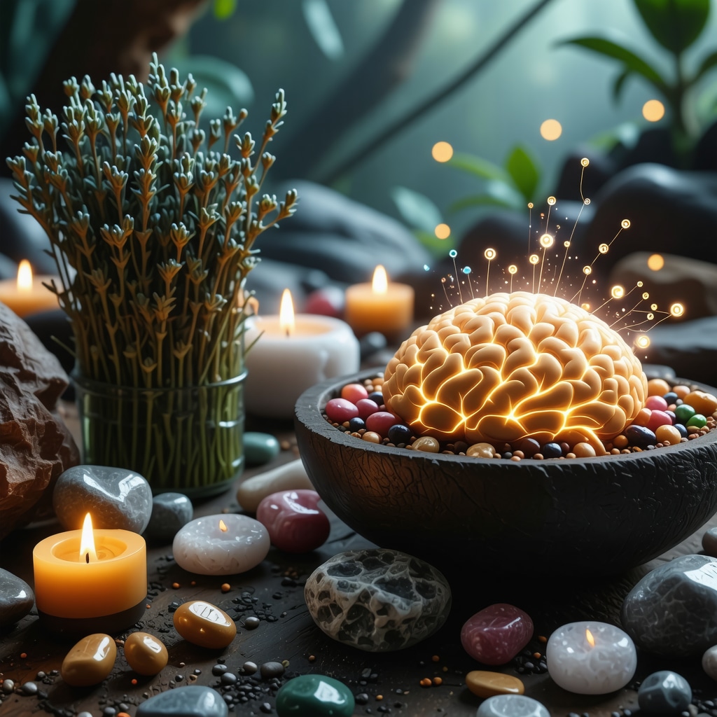 Futuristic scene showing a person meditating with traditional ritual items and digital neural activity overlays representing advanced energy cleansing and neuroplasticity